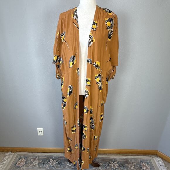 Bel Kazan Anthropologie Lois Print Rust Brown Long Duster Kimono One Size Boho - Picture 2 of 7